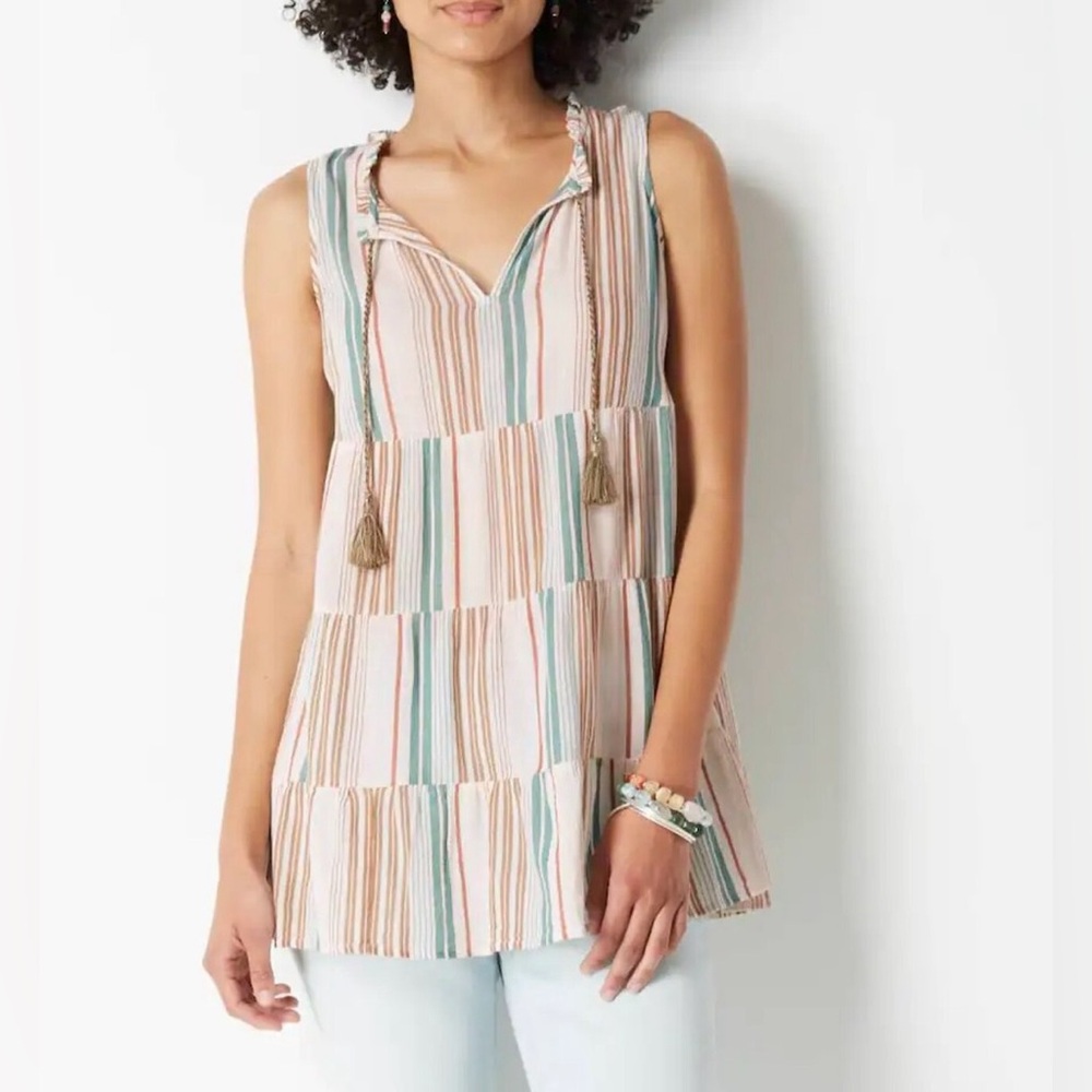J. Jill Striped Tiered Tunic Sleeveless Top Cream Multi Medium Petite Coastal